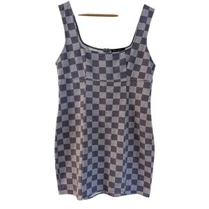 Blue Blush Gray Checkerboard Square-Neck Mini Dress